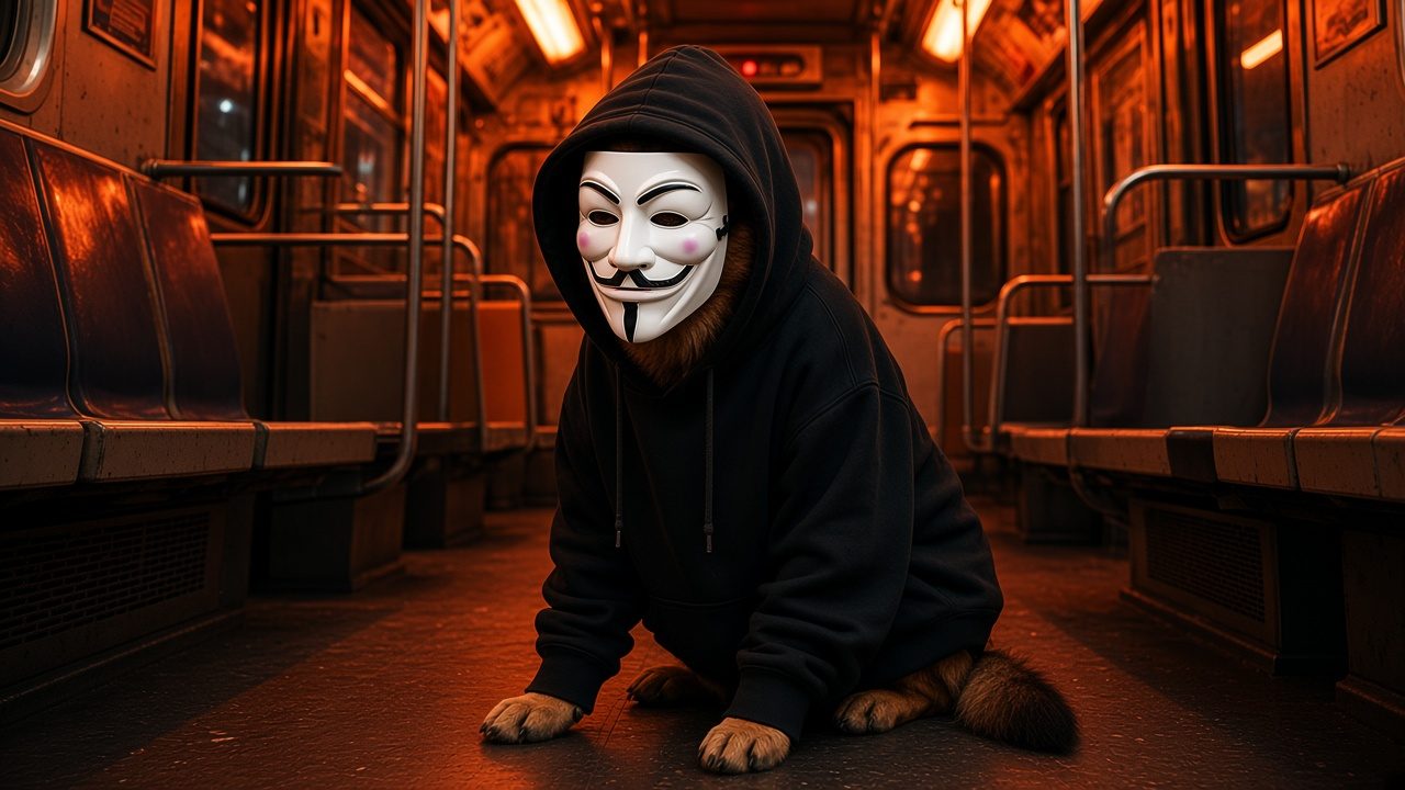 Masked dog in a hoodie on an empty subway train